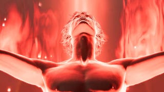 Baldur's Gate 3 character Astarion, close up, topless, arms wide and looking upwards, bathed in the red glow of power.