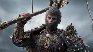 Close up of monkey protagonist from Black Myth: Wukong armoured and holding an elaborate staff