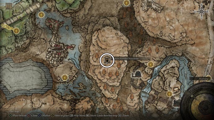 A map screen from Elden Ring Shadow of the Erdtree showing the location of the Northern Nameless Mausoleum where the Red Bear's Claw can be found.