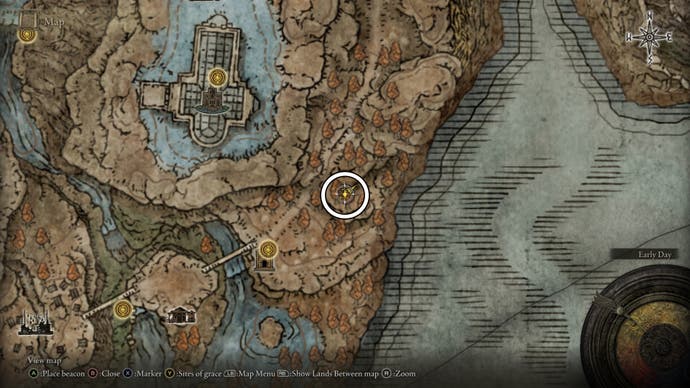 A map screen from Elden Ring Shadow of the Erdtree showing the location of the Ash of War: Raging Beast scarab