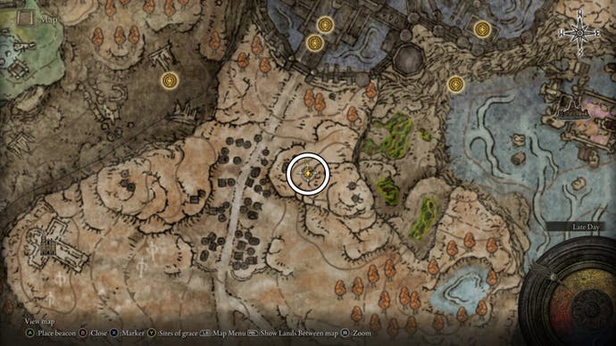 A map screen from Elden Ring Shadow of the Erdtree showing the location of the Ash of War: Rolling Sparks scarab