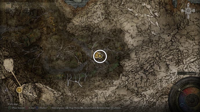 A map screen from Shadow of the Erdtree, showing the location of the Abandoned Church in the Abyssal Woods.