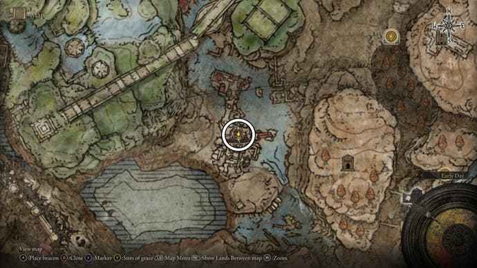 A map screen from Shadow of the Erdtree, showing the location of Temple Town Ruins and the Scadutree Fragment within.