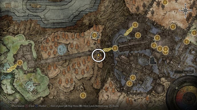 A map screen from Elden Ring Shadow of the Erdtree showing the location of the Ash of War: Scattershot Throw scarab