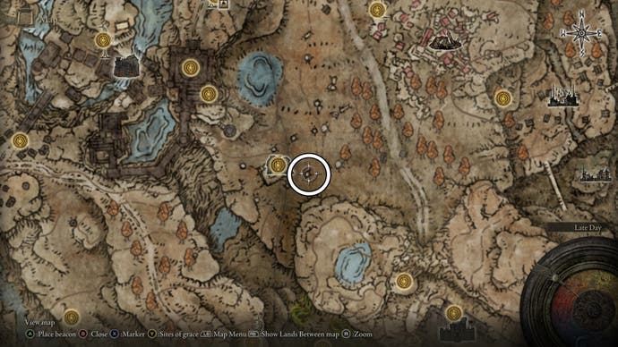 A map screen from Elden Ring Shadow of the Erdtree showing the location of the scarab containing the Ash of War: Piercing Throw.