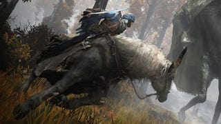 An Elden Ring screenshot showing a player riding the horse-like Torrent though a misty forest.