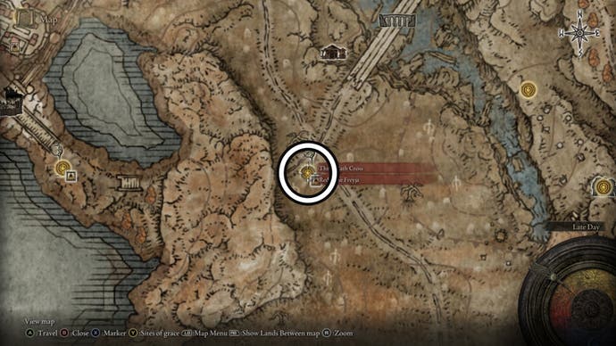 A screenshot of the Three-Path Cross Scadutree Fragment location from the Elden Ring Shadow of the Erdtree map.