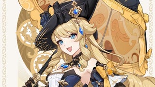 drip marketing of navia character posing on a white background with a yellow circle behind her. Navia is a long blond haired woman wearing a fancy black hat and holding an open black and yellow umbrella on her shoulder