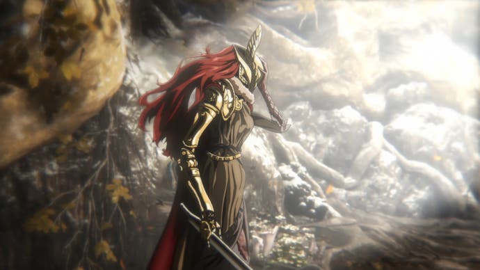 Anime version of Malenia with gold armour and long red hair from Elden Ring anime