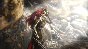 Anime version of Malenia with gold armour and long red hair from Elden Ring anime