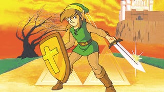 Vintage artwork for the Zelda game The Adventure of Link. The familiar green-clothed elf stands before us, with an awkwardly determined look on his face.