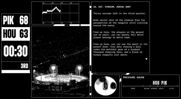 A screenshot from visual novel Sudden Death featuring a description of an Australian rules football match surrounded by images and charts.