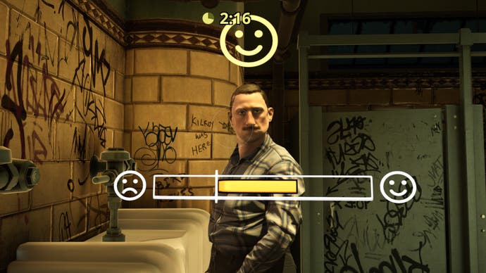 A screenshot from Robert Yang's The Tearoom, showing a man stood at a restroom urinal staring straight at the player character. An overlaid meter moves from a 'sad' emoji to 'happy'.