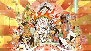 Artwork collage of Okami characters in Japanese style, with white wolf Ameterasu at the centre