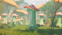 Close up of new Pal in Palworld trailer - a little slim green creature with a red mushroom head in na forest of mushrooms