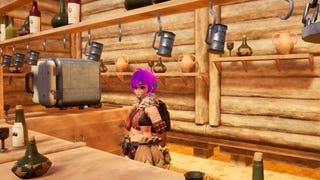 A purple haired player is standing behind a wooden bar top outside a wooden base building in Palworld.