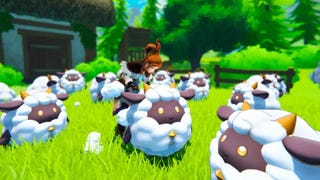 A flock of Palworld's sheep-like Lamball Pals