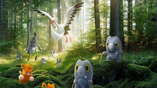 Artwork for Pokemon Go's Paldea update showing a group of Nymble, Lokix, Pawmi, Bombirdier, and Frigibax gathering in a sun-dappled forest.