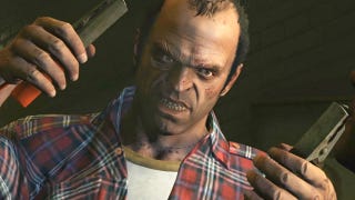 A screenshot of Grand Theft Auto 5 character Trevor Philips brandishing a pair of jump leads.